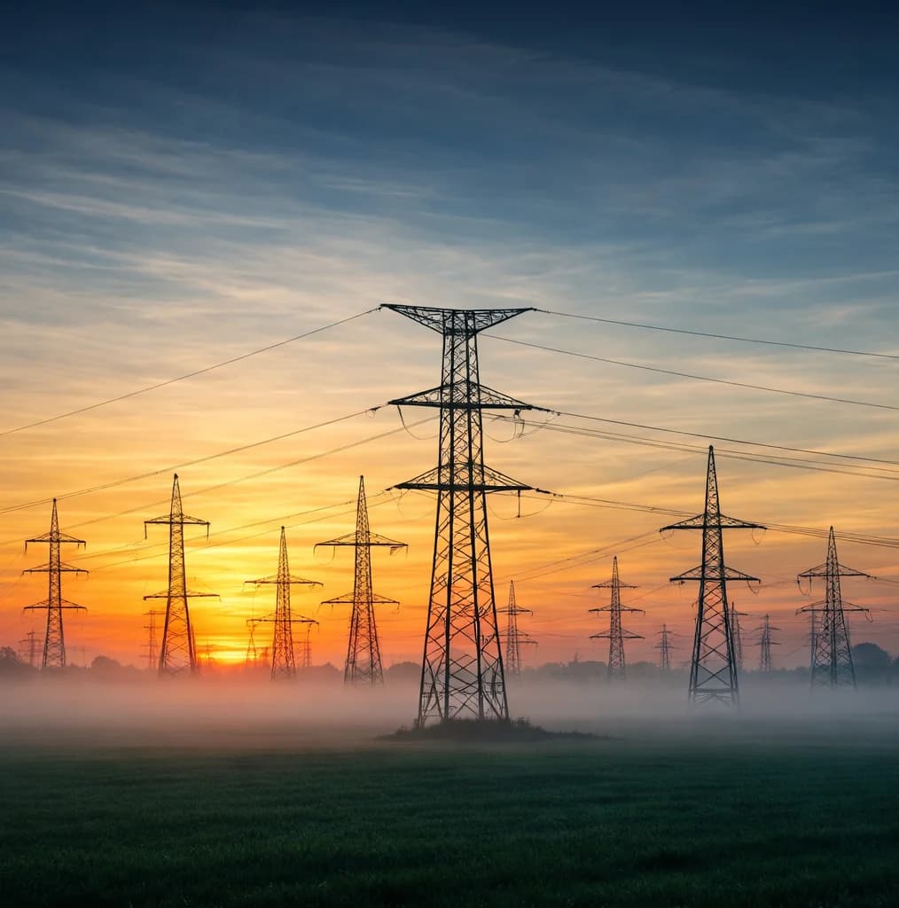 Cinematic wide shot of high voltage power lines and transmission towers